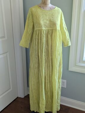 Linen-Blend Long Empire Waist Dress in Lemon Yellow